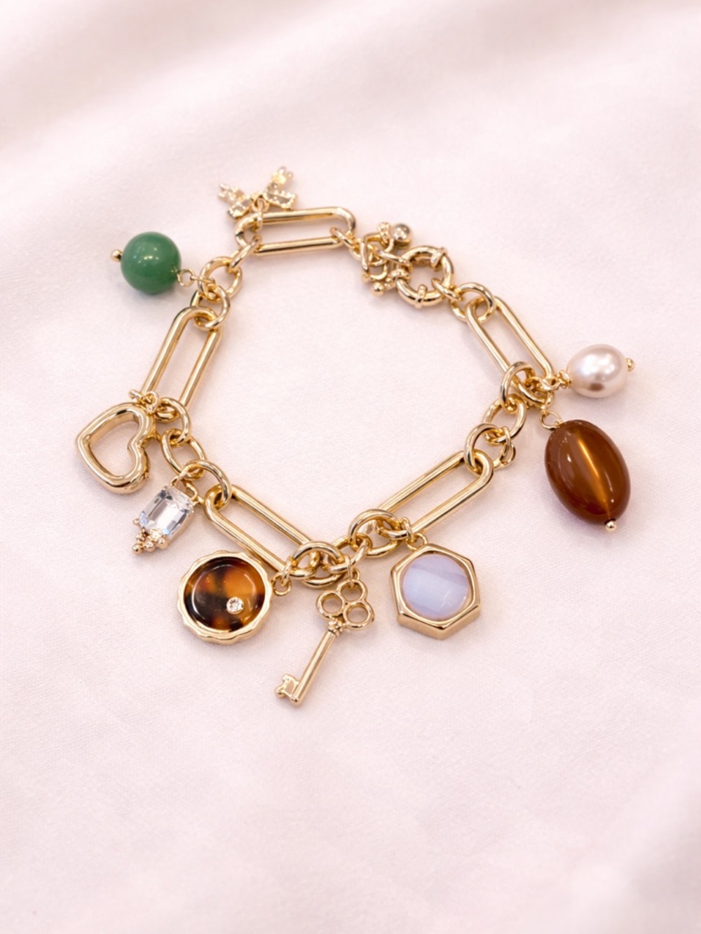 On 34th Gold Charm Bracelet with Multicolor Gem Accents